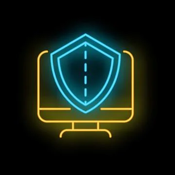 Neon icon of shield protecting computer for cybersecurity concept Stock-Illustration