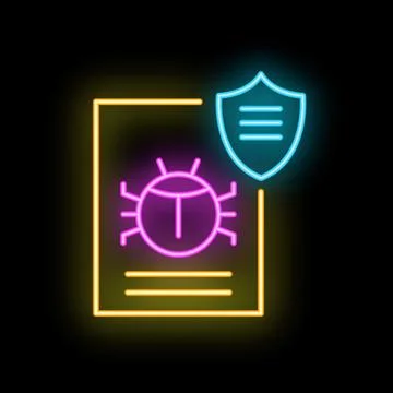 Neon icon of a shield protecting a document from a computer bug Stock Illustration
