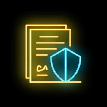 Neon icon of shield protecting documents representing insurance policy Stock Illustration