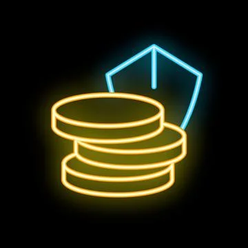 Neon icon of shield protecting stack of coins representing financial security Stock Illustration