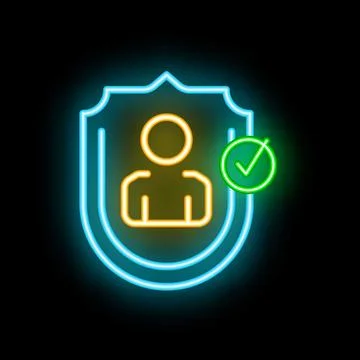Neon icon of shield protecting user with check mark symbol for security 스톡 일러스트