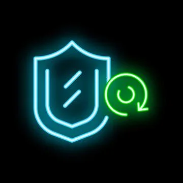 Neon icon of shield with update symbol representing cybersecurity updates Stock Illustration