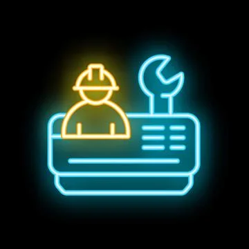 Neon icon showing a construction worker managing a project on a computer, wit Stock Illustration