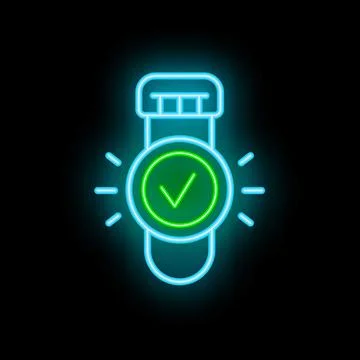 Neon icon showing a smartwatch validating a workout session with a green ch.. イラスト素材