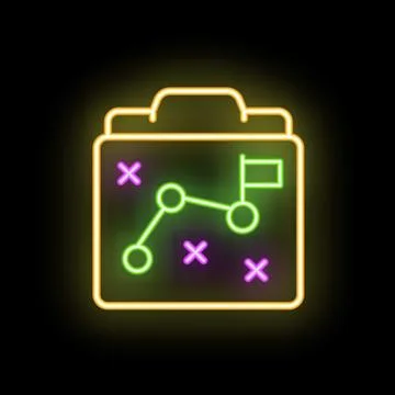 Neon icon showing strategy plan on clipboard with path and goal flag Illustrazione stock