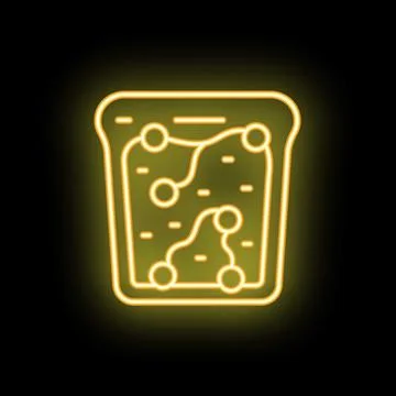 Neon icon of a slice of toast bread glowing yellow on black background Stockillustratie