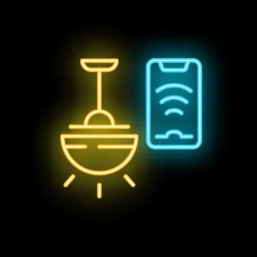Neon icon of a smart lighting system controlling a ceiling lamp with a smar.. Stock Illustration
