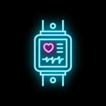 Neon icon of smart watch showing heart rate and healthcare data Stock Illustration