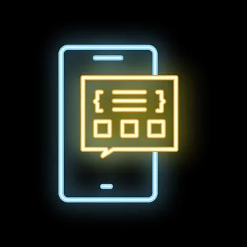 Neon icon of smartphone displaying coding language and checkboxes Stock Illustration