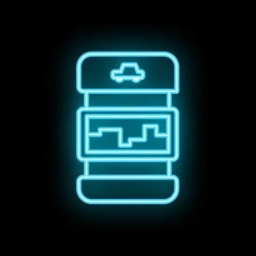 Neon icon of smartphone displaying navigation app with car and city map Illustrazione stock