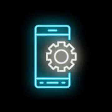 Neon icon of smartphone displaying settings gear for mobile app customization Stock Illustration
