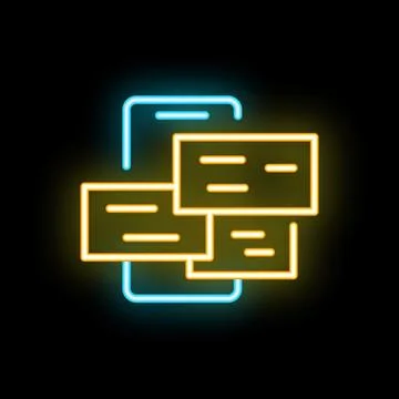 Neon icon of smartphone displaying text messages on dark background Stock Illustration