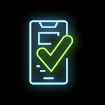 Neon icon of smartphone displaying validated checklist on dark background Stock Illustration