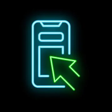 Neon icon of smartphone displaying website with mouse cursor clicking Stock Illustration