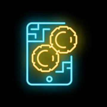 Neon icon of smartphone displaying working gears for mobile app development Stock Illustration