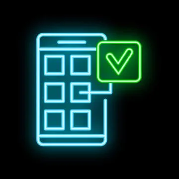 Neon icon of smartphone receiving data and showing check mark signalling su.. Illustrazione stock