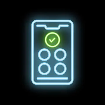 Neon icon of smartphone showing completed tasks on dark background Stock Illustration
