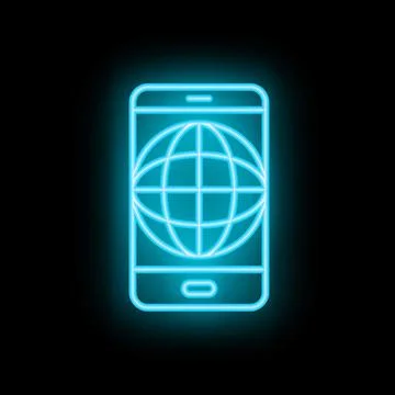 Neon icon of smartphone showing globe for global communication Stock Illustration