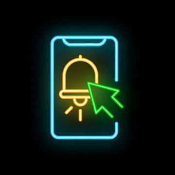 Neon icon of smartphone showing notification bell and mouse cursor clicking Stock Illustration