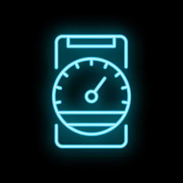 Neon icon of smartphone showing speedometer app for measuring internet speed Stock Illustration