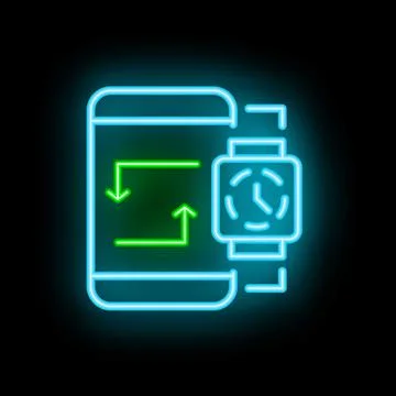 Neon icon of smartwatch syncing time with smartphone app 스톡 일러스트