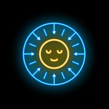 Neon icon of smiling face with converging arrows representing introversion Stock Illustration