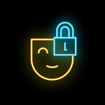 Neon icon of smiling face with padlock representing keeping secrets Illustrazione stock