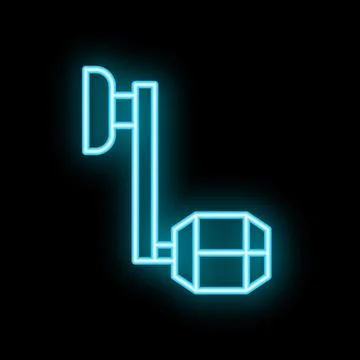 Neon icon of a space station module glowing blue on black background Stock Illustration