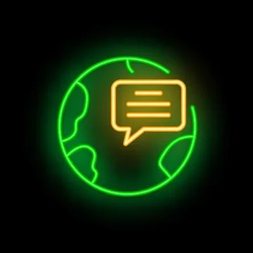 Neon icon of speech bubble appearing over world map Ilustração Stock