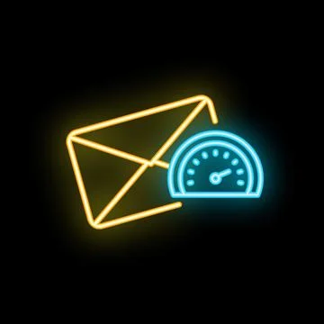 Neon icon of speedometer showing fast mail delivery time Stock Illustration