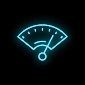Neon icon of speedometer showing increasing speed on black background Stock Illustration
