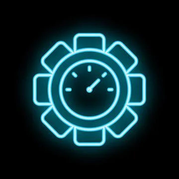 Neon icon of speedometer showing increasing speed on black background Stock Illustration