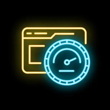 Neon icon of speedometer showing website loading speed test Stock Illustration