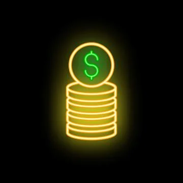 Neon icon of stack of coins showing increasing investment Stock Illustration