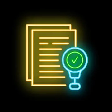 Neon icon of stack of documents with approved mark confirming successful veri Illustrazione stock