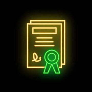 Neon icon of a stack of documents with a signature and a quality seal glowing 库存插图