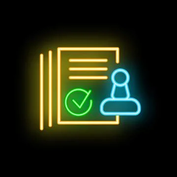 Neon icon of stamp approving documents with checkmark sign Stock Illustration