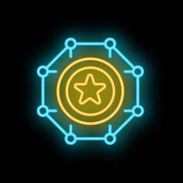 Neon icon of a star inside a circle connected with lines representing a netwo Stock Illustration