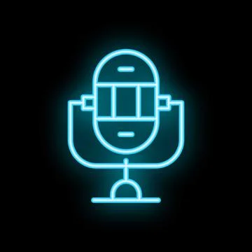 Neon icon of a studio microphone on a stand glowing blue on black background Stock Illustration