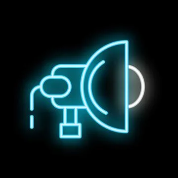Neon icon of a studio spotlight emitting light on black background Stock Illustration