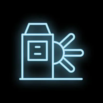 Neon icon of a studio spotlight emitting light beams on black background Stockillustratie