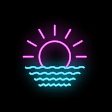 Neon icon of sun setting over water waves Stockillustratie