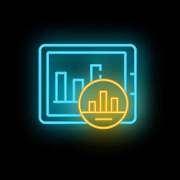 Neon icon of a tablet computer is displaying statistical charts, symbolizing  Illustrazione stock