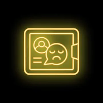 Neon icon of a tablet showing a sad emoji in a chat bubble Stock Illustration