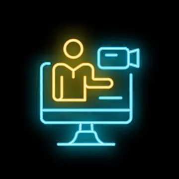 Neon icon of teacher explaining lesson online using computer Illustrazione stock