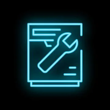 Neon icon of technical documentation showing open end wrench lying on paper Stock Illustration