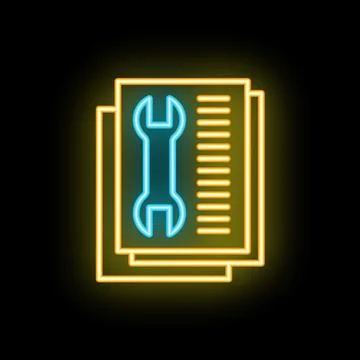 Neon icon of technical documentation showing a wrench on paper Stock Illustration