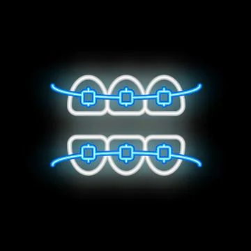 Neon icon of teeth wearing braces glowing on black background Stock Illustration