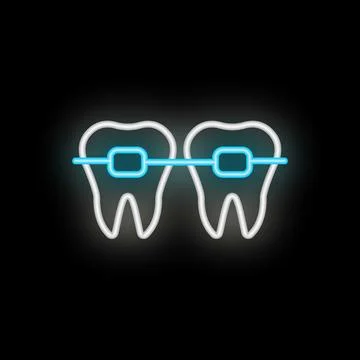 Neon icon of teeth wearing braces showing dental care concept 스톡 일러스트