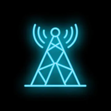 Neon icon of a telecommunication tower emitting radio waves Stock Illustration